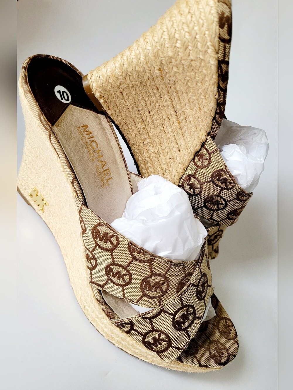 Michael Kors Monogram Leather Lining Tan Logo Espadrille 4"Wedge Sandals US 10